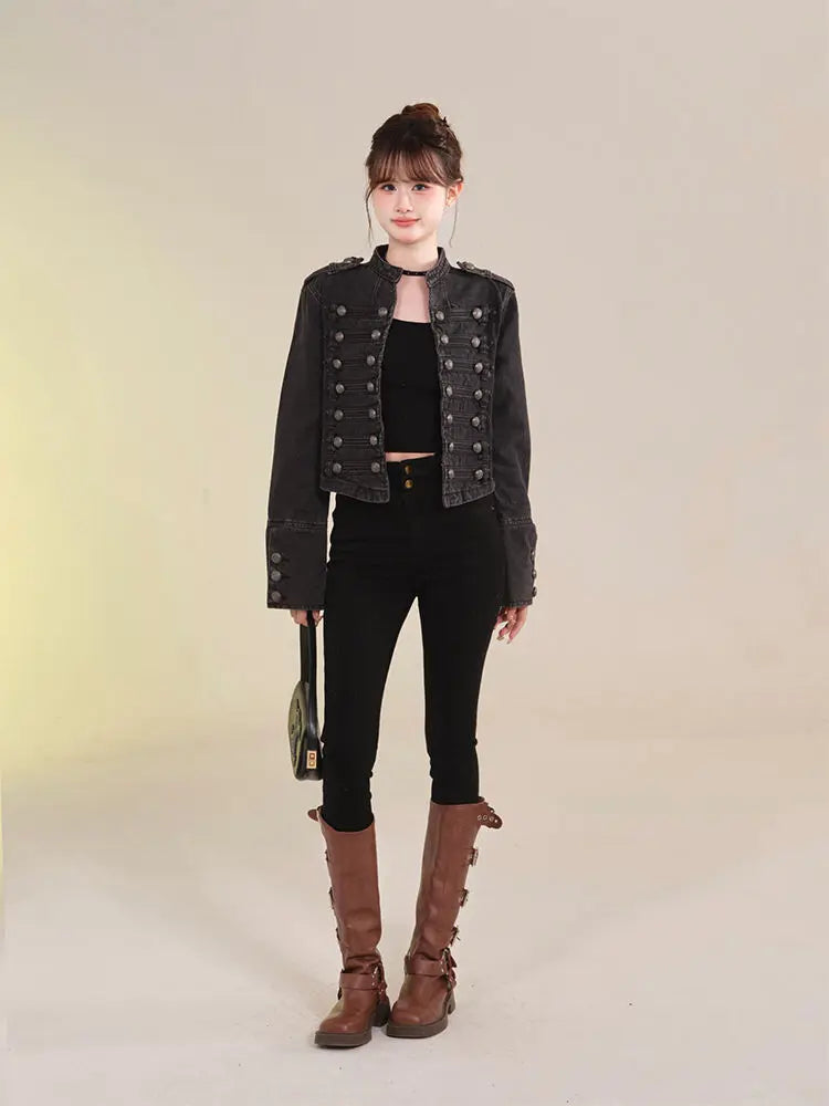 Women's American Retro Denim Military Inspired Cropped Jacket Long Sleeve Stand Collar Casual Y2k Motorcycle Coat