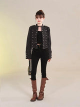 Women's American Retro Denim Military Inspired Cropped Jacket Long Sleeve Stand Collar Casual Y2k Motorcycle Coat