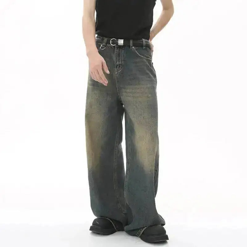 Men's Washed Blue Loose Straight-Leg Jeans