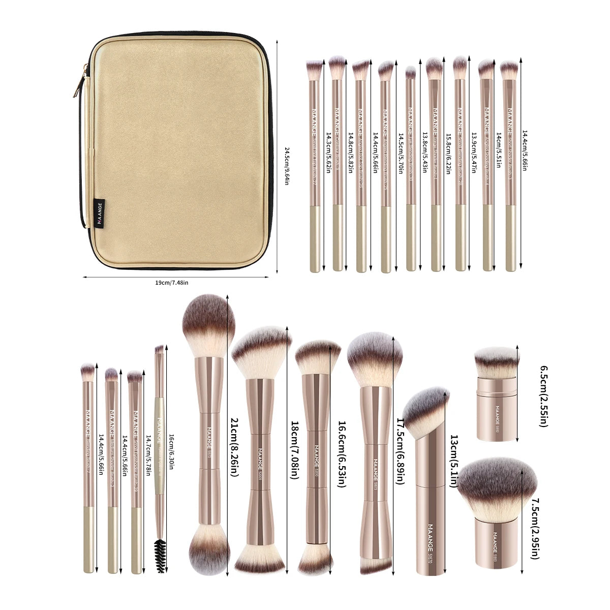 MAANGE Pro Makeup Brush Kit 20pcs Brushes with Storage Bag Dual End Foundation Powder Blush Eyeshadow Brush Beauty Blending Kit