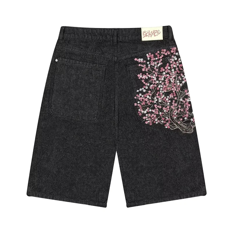 Retro Cherry Blossom Gothic Denim Shorts