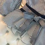 Women Elegant V-Neck Stripe Lantern Sleeve Bow Belt Trend Slim Chiffon Shirt Top And Korean Ripped Jeans Office Lady Casual Suit