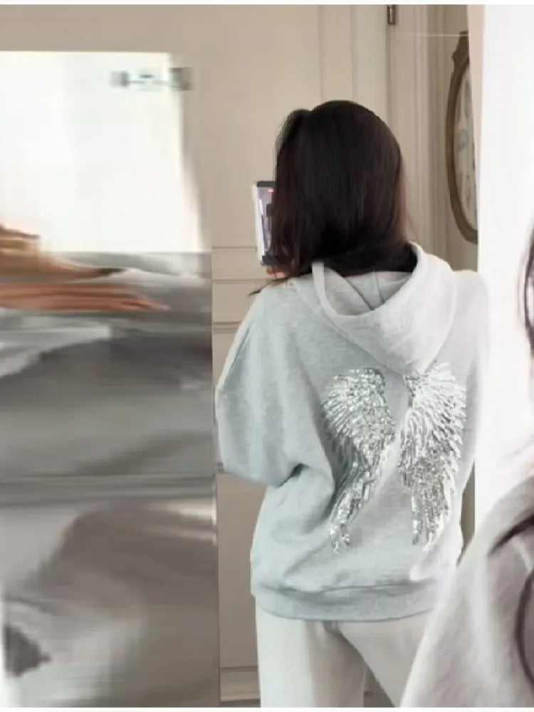 Trendy Creative Hooded Sweatshirt Wing Patterns Chic Designed Fashion Casual Long Sleeved Tops Versatile Women's Autumn Wear