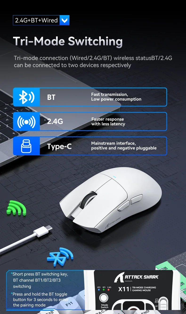 Attack Shark X11 PAW3311 Wireless Bluetooth Mouse, 2.4G 400IPS RGB PC Gaming Mouse