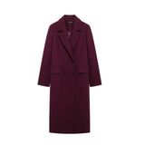 Elegant Burgundy Double-Breasted Long Coat
