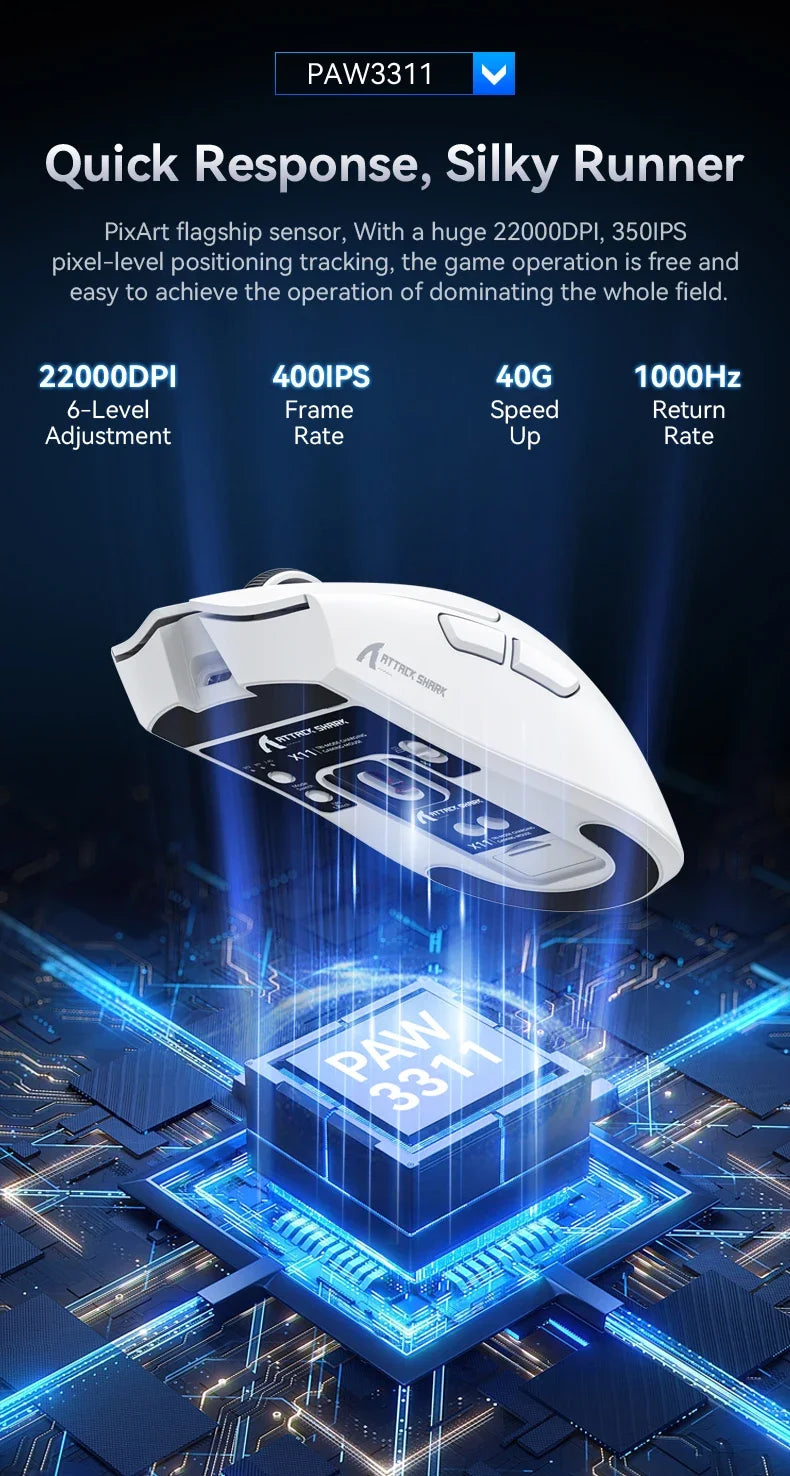 Attack Shark X11 PAW3311 Wireless Bluetooth Mouse, 2.4G 400IPS RGB PC Gaming Mouse