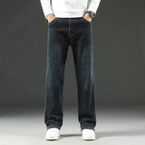 Autumn Winter  Brand New High Waist Jeans Classic Business Casual Office Men's Fashion Stretch Slim Denim Jeans Navy Blue