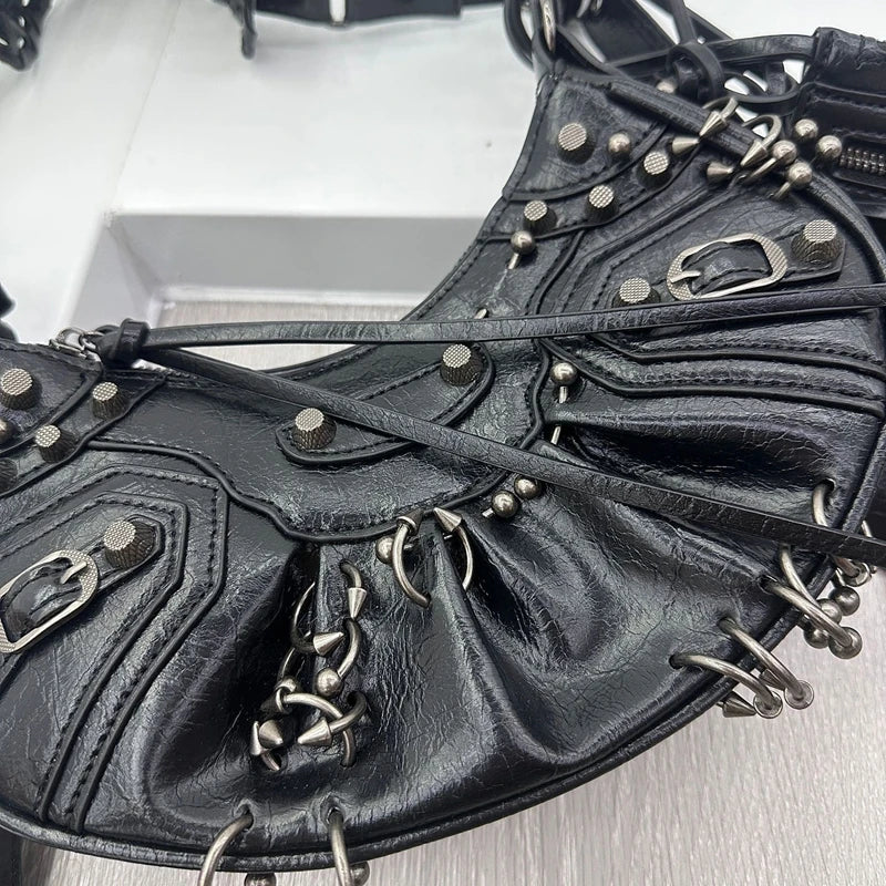  ﻿ 2026 New Women's Fashion Shoulder Bag European Vintage Style Cropped Studded Motorcycle Bag Soft Material Crossbody Design