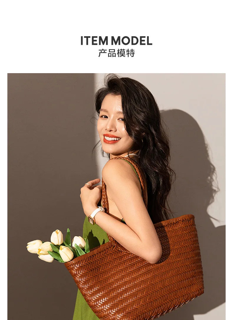 Leather woven bag, large-capacity women's tote bag, holiday leisure top layer cowhide shoulder bag, vegetable basket bag.