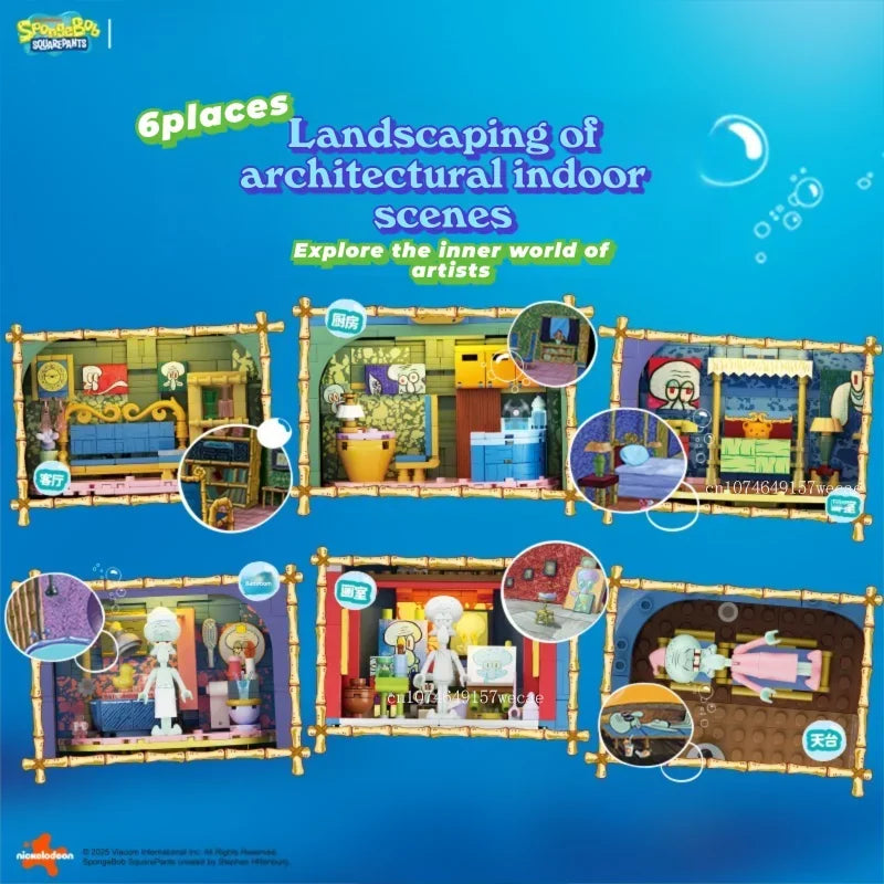 1655PCS SpongeBob SquarePants Squidward Stone Statue House Building Blocks Cartoon Model Bricks Set With Light DIY Toy Fans Gift