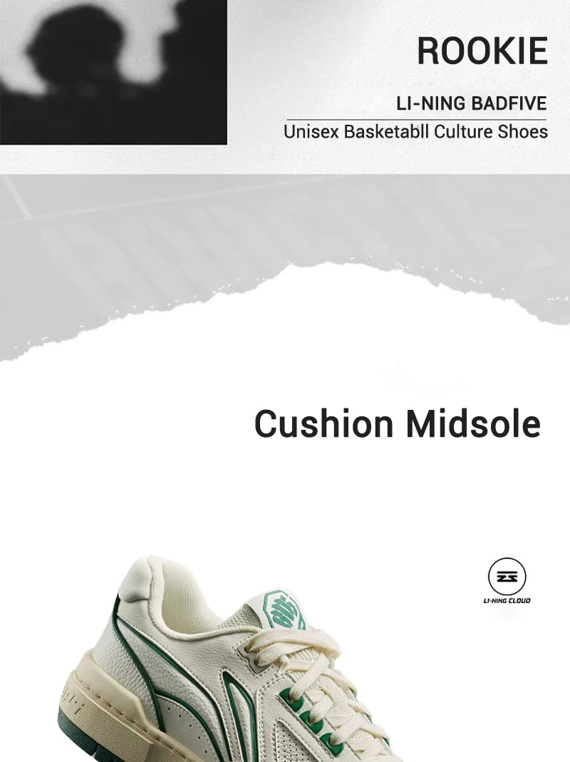 Li-Ning Unisex BADFIVE ROOKIE Basketball Culture Shoes DUAL CUSHION Sport Shoes LiNing Men Women Street Style Sneakers ABCV007