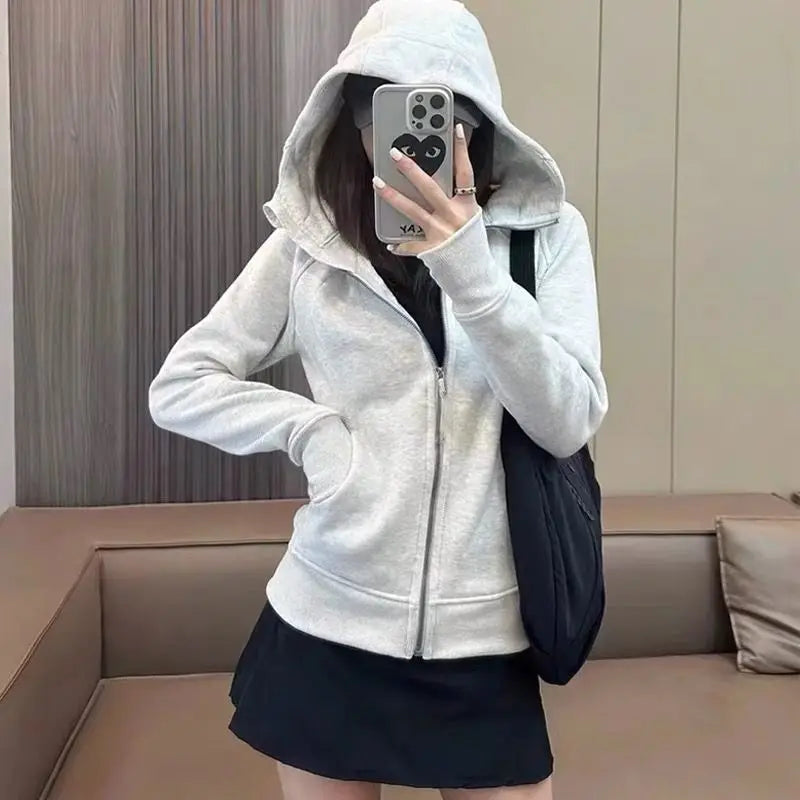 Streetwear Black Hoodie Coat 2025 Women's Clothing Hooded Zipper Slim Fit Y2k Jackets Casual Fashion Sweatshirts Tops Ropa Mujer