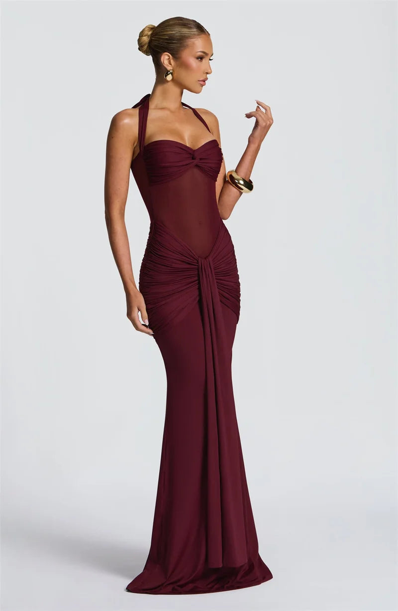Women’s Halter Backless Maxi Dress – Off-Shoulder Ruched Bodycon Club Party Gown