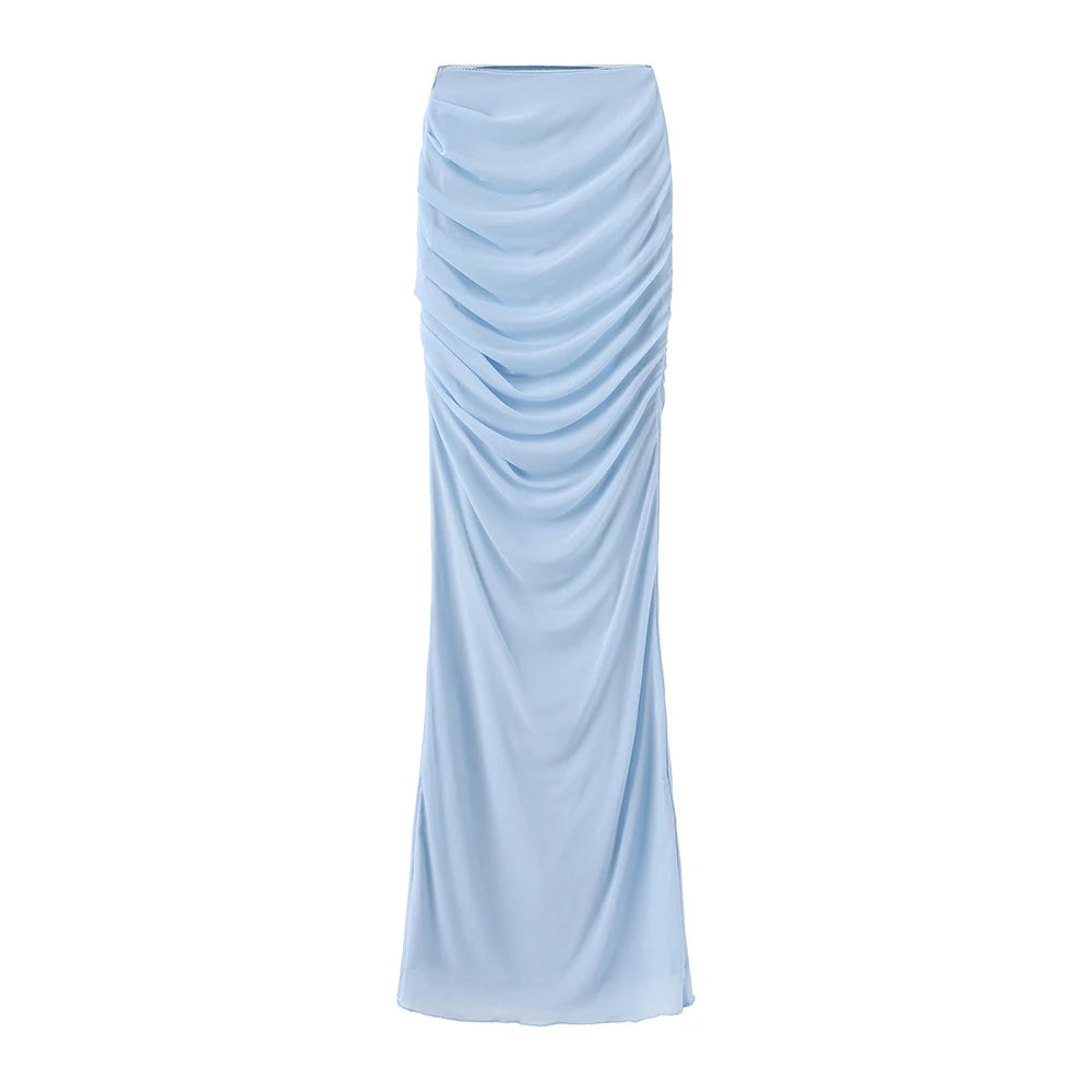 Mingmingxi Elegant Maxi Wedding Guest Dress Set Sexy Strapless Blue Cropped Top Set Bodycon Holiday Party Dresses Women