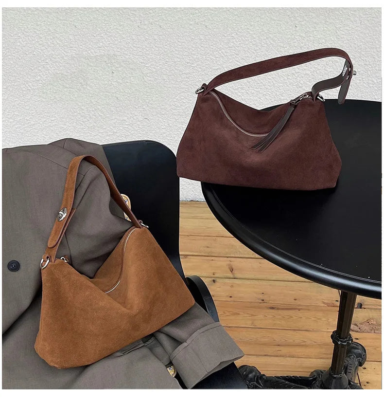 Wholesale Women Suede Bag Female Retro Frosted Cowhide Split Leather Armpit Shoulder Bag Lady Handbag Trendy Crossbody Messenger