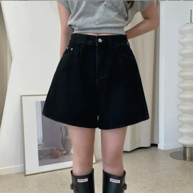 High-Waist Washed Denim Wide-Leg Shorts -Made Casual Blue Jean Shorts