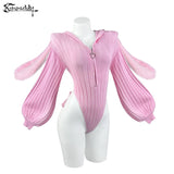 Heart Zipper Bunny Jumpsuit - Cute Knitted Bubble Sleeve Pajamas with Plush Tail