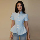 2026 Spring Summer Short Puff Sleeve Frog Button Shirt For Women Stand Collar  Single Breasted Blouse Lady Chic Street Party Top