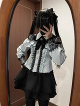 Women‘s Lolita Set Dark Femme Mesh Top & Waist Cinching Skirt, 2025 Autumn Japanese Street Style Coord for Gothic Baddie Fashion