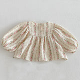 New Autumn Toddlers Girls Lace Embroidery Blouses Puff Sleeve Ruched Tops Baby Kids Floral Loose Shirts Fall Children Clothing