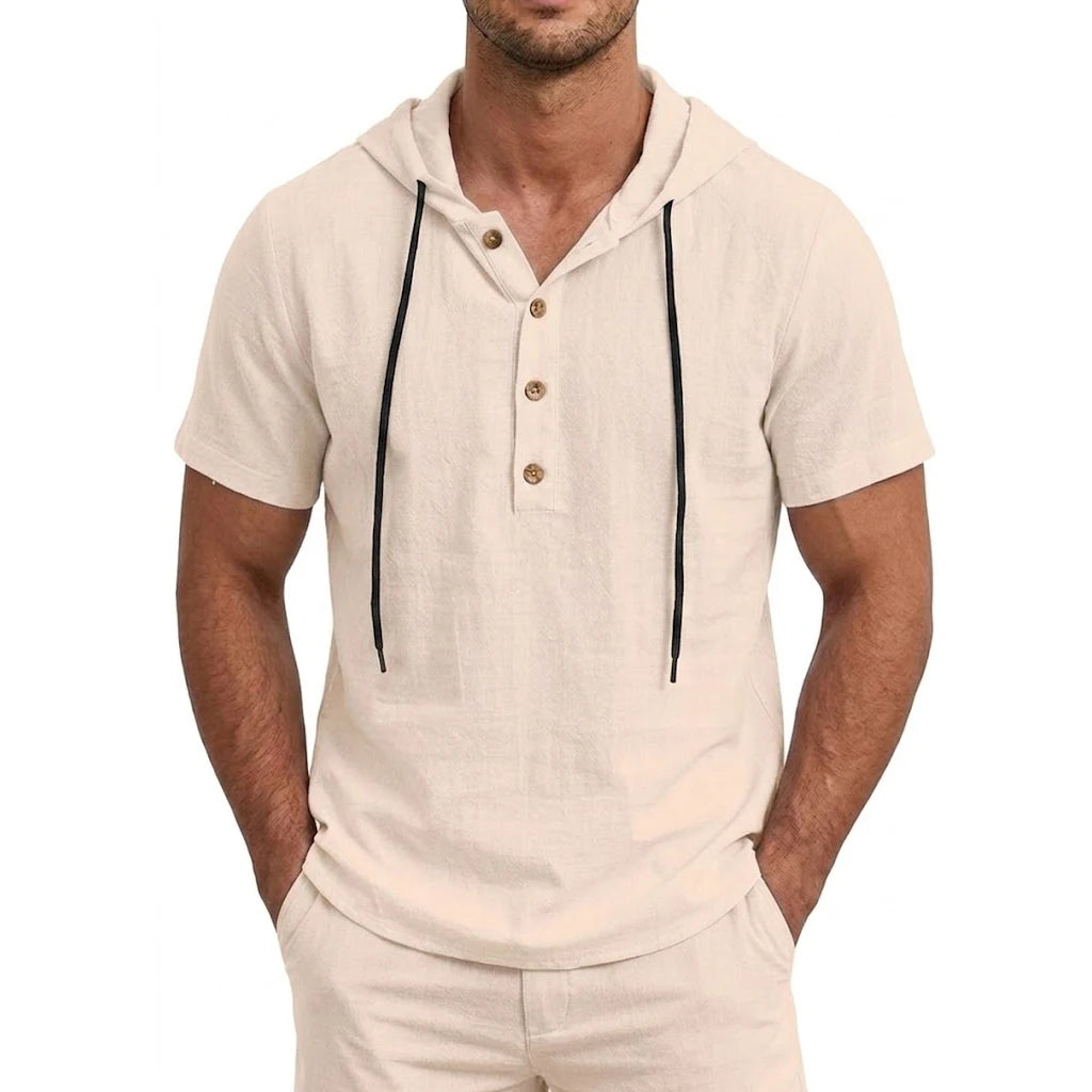 Men's Linen Cotton Hooded Shirt — Lightweight Short Sleeve Button Top