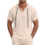 Men's Linen Cotton Hooded Shirt — Lightweight Short Sleeve Button Top