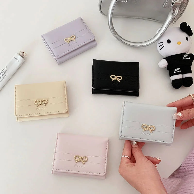 Fashion Wallets Girls Cute Bow Small Wallet Aesthetic Card Holder Classic Three Fold Purse For Women Student Simple Coin Pouch