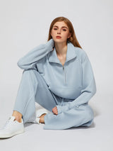 Woman Solid Color Half Zip Long Sleeve Sweatshirt and Wide Leg Pants Set Casual Sporty Two Piece Outfit