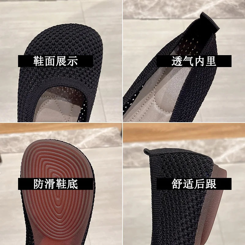 Big Size 42 Women Flats Knitted Breathable Sneakers Ladies Soft Bottom Ballet Loafers Casual Slip on Boat Shoe for Woman