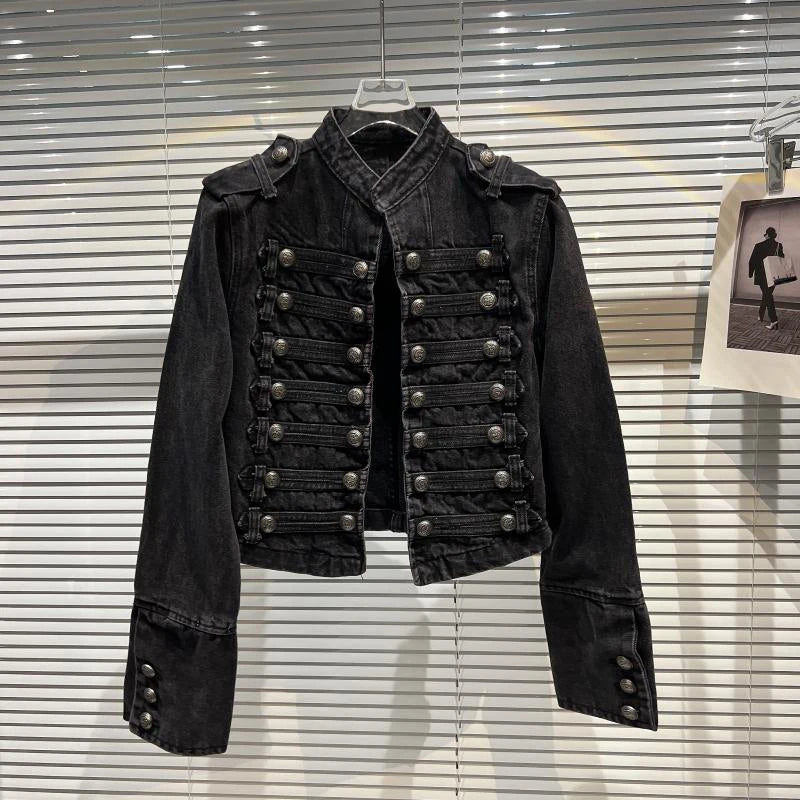 DEAT 2025 Autumn New Fashion Metal Buckle Design Shoulder Strap Denim Short Jacket For Women High Street Coat Female 11A06995