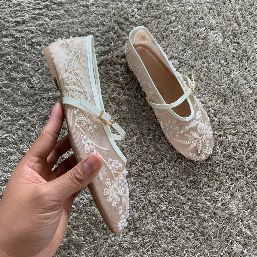 Embroidered Bead Ballet Flats | Breathable Mary Jane Sandal