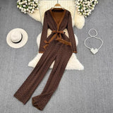 3-Piece Women’s Knitted Set: V-Neck Belted Cardigan & High-Waist Wide-Leg Pants
