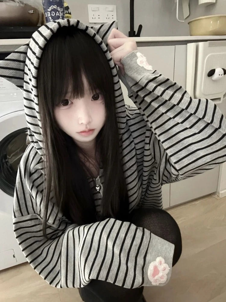Women's Striped Cat-Ear Zip-Up Hoodie