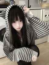 Women's Striped Cat-Ear Zip-Up Hoodie