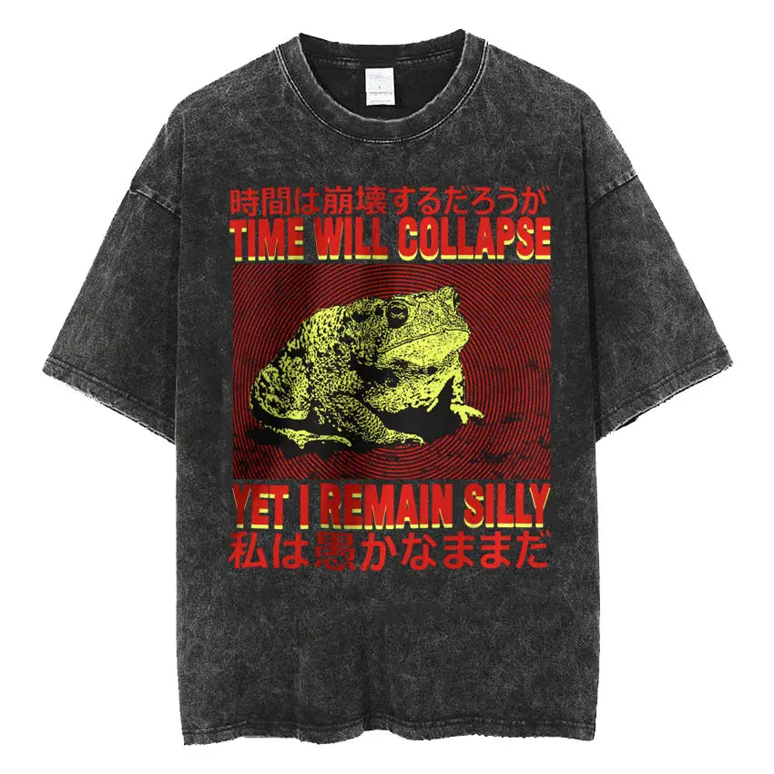 The Horrors Are Never Ending Yet I Remain Silly T-shirt Funny Japanese Style Frog Retro Washed T Shirt Men's Oversized Tees Tops
