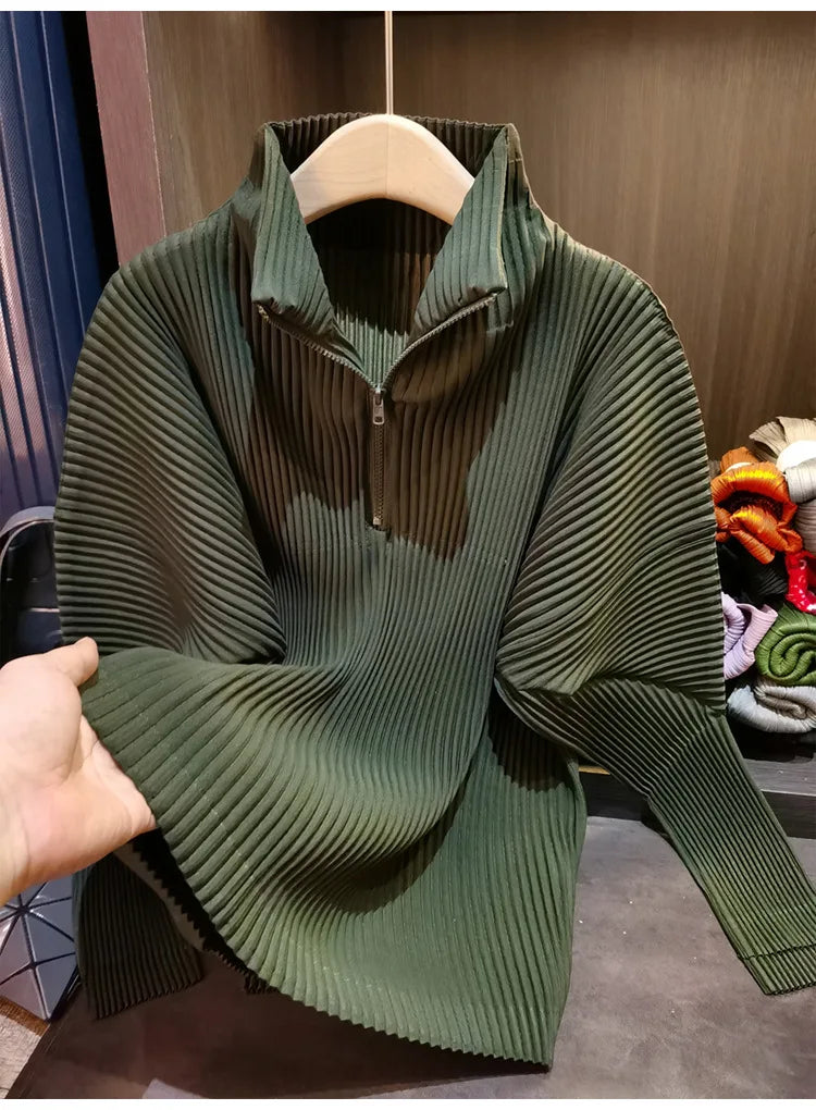 Miyake Pleated Sweatshirt Pit Stripe Zipper Standing Collar Jacket Women 2025 New Casual Pullover Hundred Pleat Skinny Tops