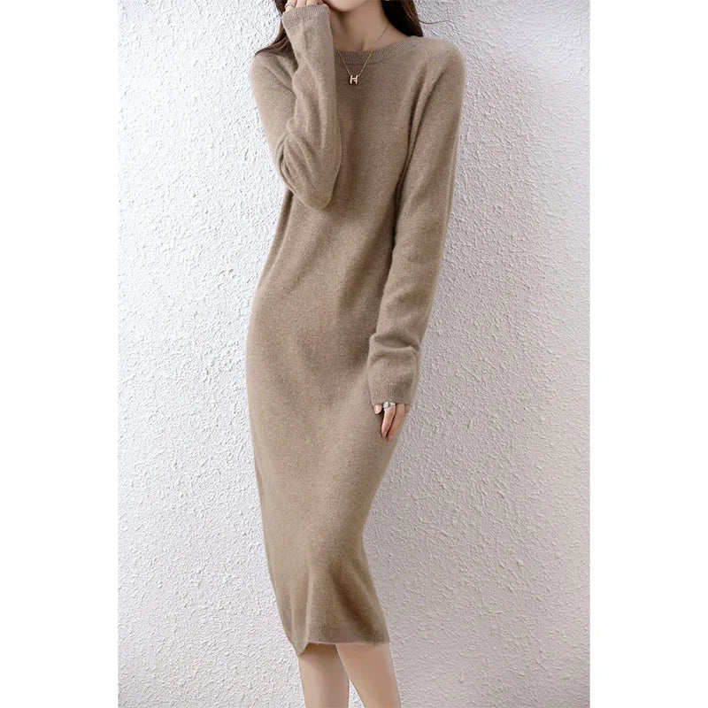 100% Merino Wool Long-Sleeve Midi Sweater Dress