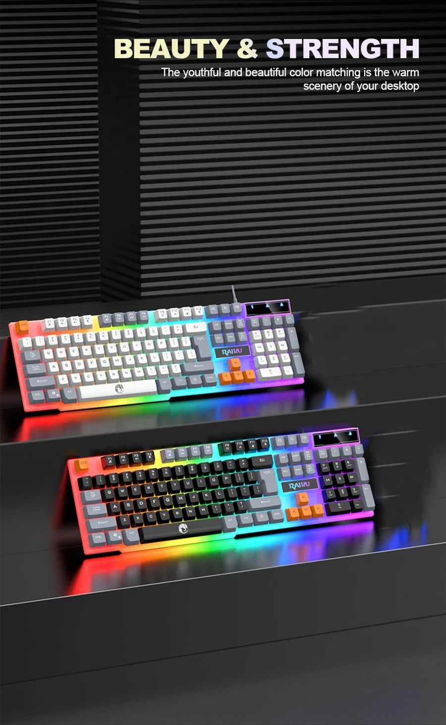 Single Keyboard and Keyboard Mouse RAIKU T26 Three Tone Luminous Keyboard Mouse Wired Mechanical Touch Gaming Mouse Keyboard Set