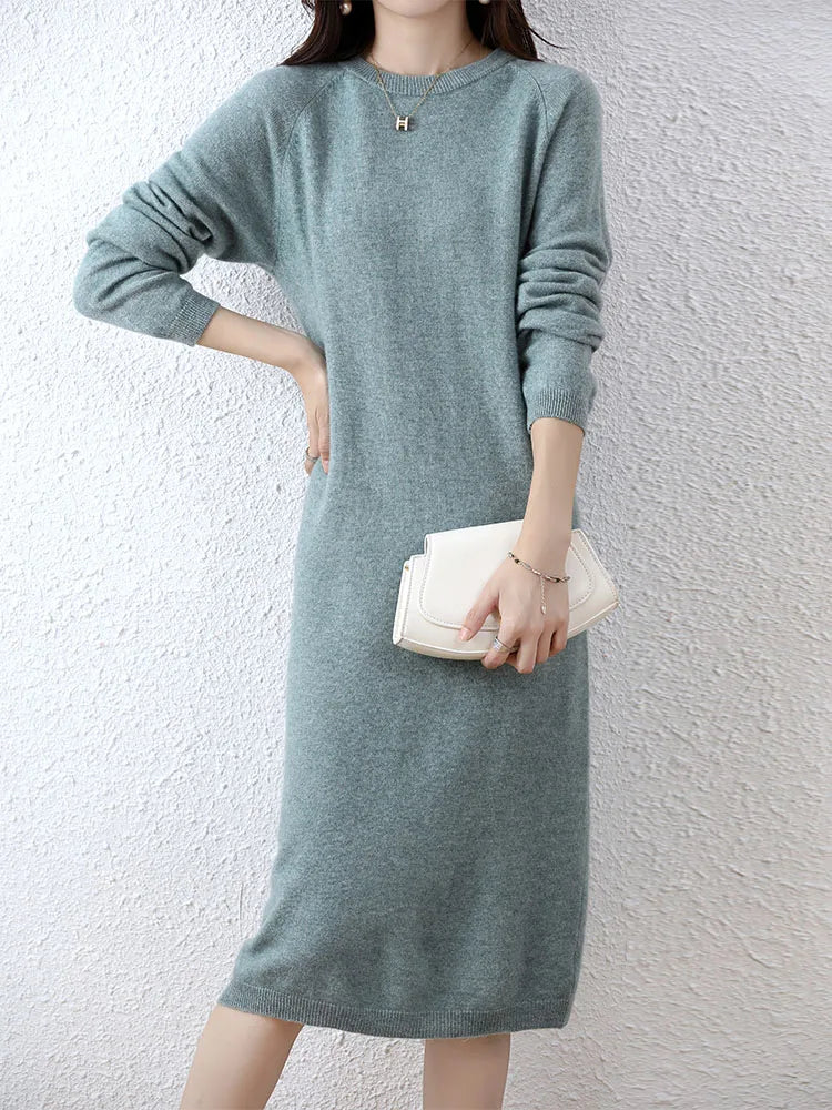 100% Merino Wool Long-Sleeve Midi Sweater Dress