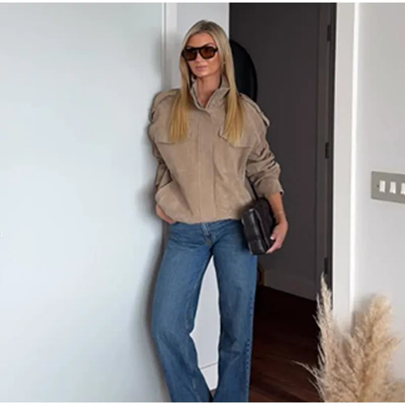 Brown Retro Suede Lapel Zippered Short Jackets Women's Casual Full Sleeves Pocket Loose Coats 2026 Spring Daily Commute Outwear