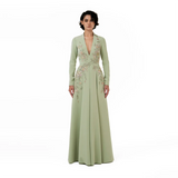 Sage Green Evening Dress Customized Deep V-Neck Long Sleeves Evening Gowns for Women 2026 Pleated A Line Formal Dress Long