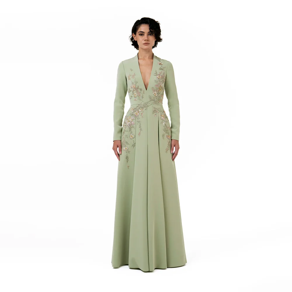 Sage Green Evening Dress Customized Deep V-Neck Long Sleeves Evening Gowns for Women 2026 Pleated A Line Formal Dress Long