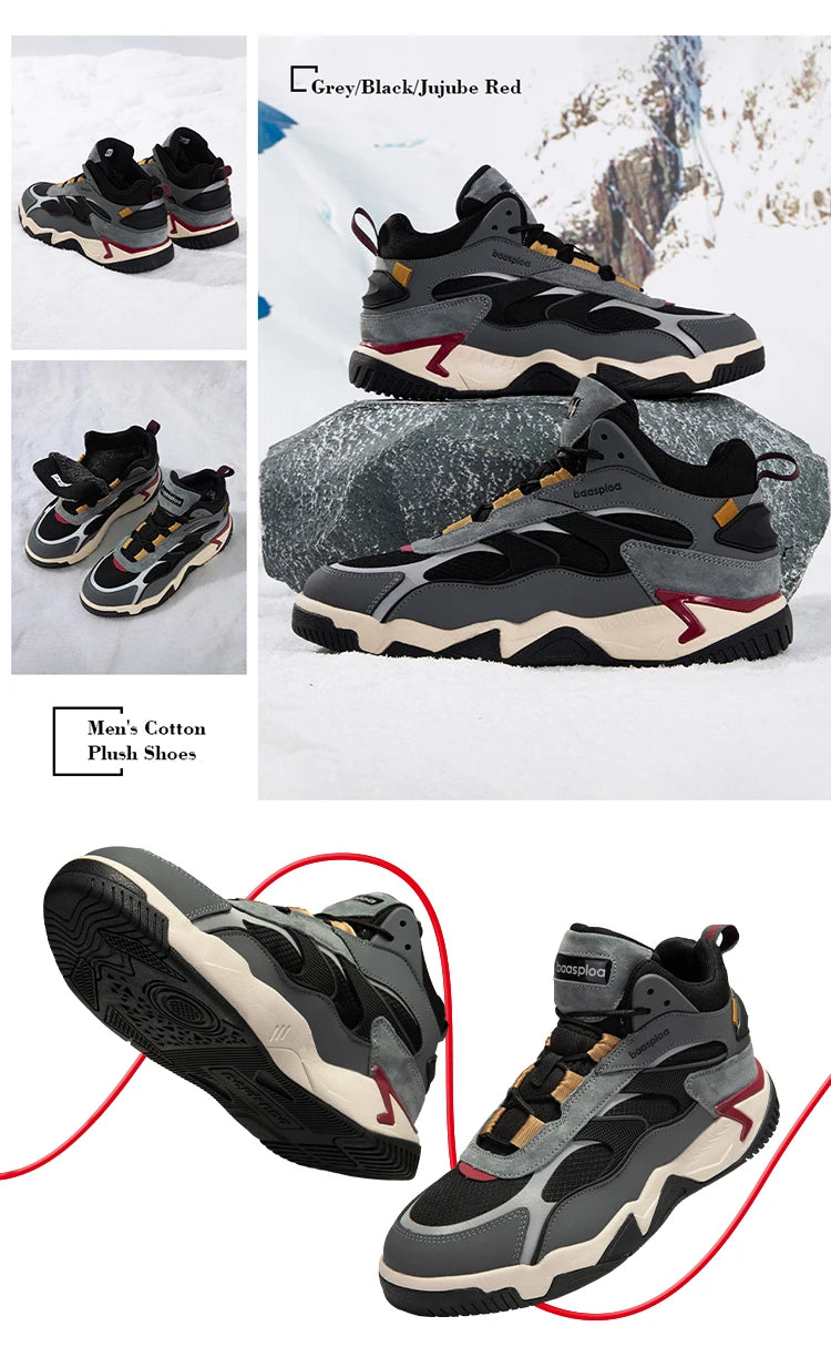 Baasploa Winter Men Shoes Fashion Plush Warm Waterproof Leather Sports Shoes Male Casual Outdoor Non-Slip Lace up Walking Shoes