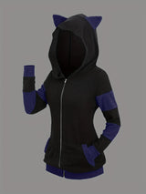Women's Cat Ear Colorblock Zip-Up Hoodie