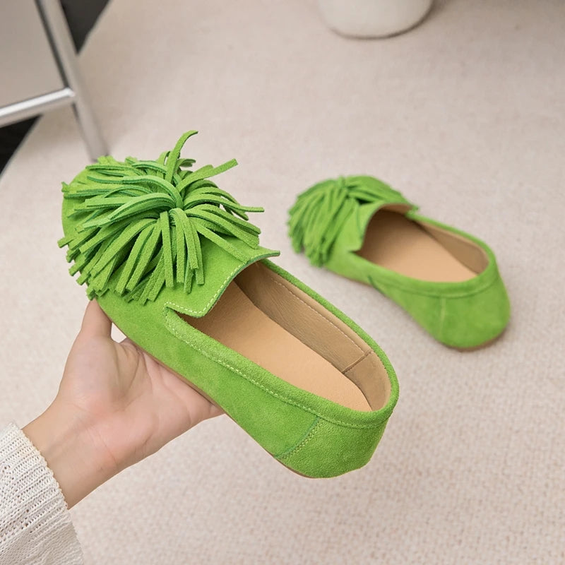 AIYUQI Women's Flat Shoes Genuine Leather 2026 New Tassel Women's Loafers Large Size Ballet Mary Jane Shoes For Women
