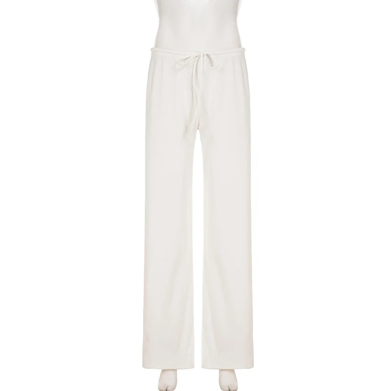 Basic Solid Low-Waisted Ribbed Knitted Pants Casual Loose Drawstring Wide Leg Pants Soft Comfy Lounge Wear Trousers Streetwear