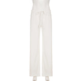 Basic Solid Low-Waisted Ribbed Knitted Pants Casual Loose Drawstring Wide Leg Pants Soft Comfy Lounge Wear Trousers Streetwear