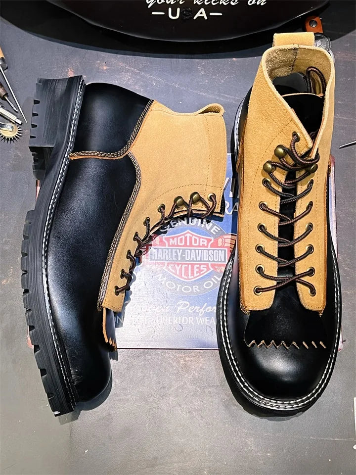 KOWM Hiking shoes men's cowhid boots British leather trekking shoes thick soled ankle sneakers cowhide high top motorcycle boots