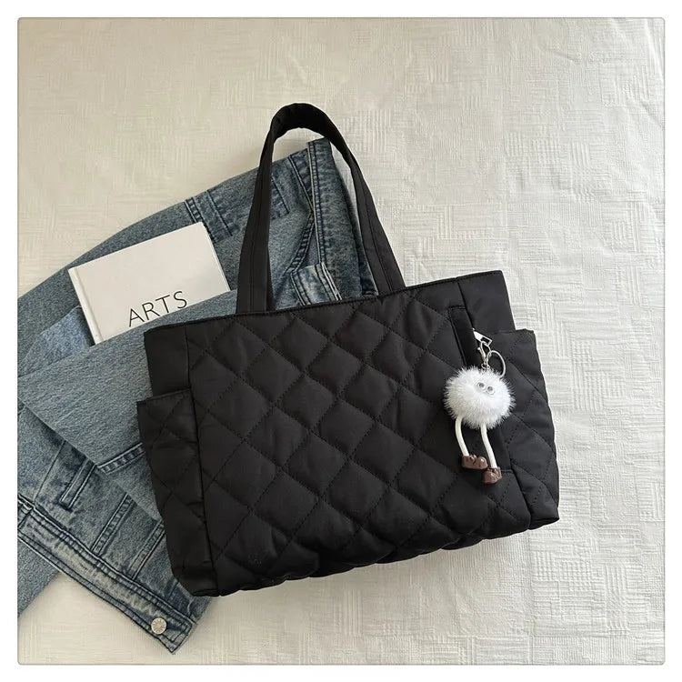 Multi Pocket Women Mailman Bag Diamond Patterned Cotton Clothing Shoulder Bag Large Capacity Tote Bag Casual Nylon Shoulder Bag