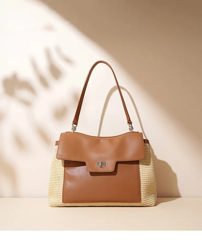 Summer 2026 Women's Raffia Woven Tote Bag Split Leather Crossbody Straw Messenger Bag Grass Weaving Shoulder Bag for Ladies New